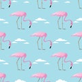 Abstract vector Seamless summer tropical pattern with flamingo and clouds