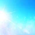 Abstract vector summer sunlight illustration. Sunny background blue sky with defocused lights. Special sun lens flare