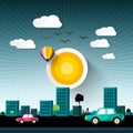 Abstract Vector Sunset City with Buildings and Cars