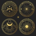 Set of decorative design elements. Moon, sun, planets and stars. Vector templates.