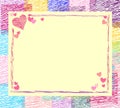 Abstract vector vibrant color blank frame with light pink background. Linear handmade geometric composition with hearts