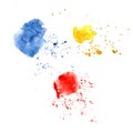 Abstract vector watercolor spot with droplets, smudges, stains, splashes. Three bright red yellow and blue color blot in grunge Royalty Free Stock Photo