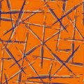 Abstract vector weave irregular grid. Seamless pattern background. Terracotta orange blue painterly brush stroke criss