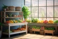 abstract vege store with variety of fruits and vegetables on shelves