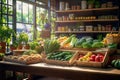 abstract vege store with variety of fruits and vegetables on shelves