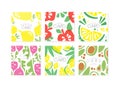 Abstract Vegetable And Fruit Card Design Set. Banner, Poster, Cover, Background With Pear, Apple, Raddish, Lime, Avocado