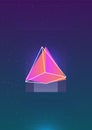 Abstract vertical backdrop with glowing bright colored cosmic pyramid and its outline against outer space with stars and