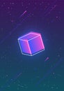 Abstract vertical backdrop with glowing gradient colored cube and its outline against gorgeous night sky full of stars