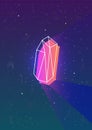 Abstract vertical backdrop with glowing neon colored polygonal geometric shape and its outline against night sky full of
