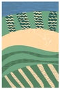 Abstract vertical poster with natural landscape, farm houses, country life, fields, agriculture. Ecological concept