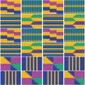 African geometric Kente cloth style vector seamless textile pattern, tribal nwentoma design in yellow, green, purple and navy blue Royalty Free Stock Photo