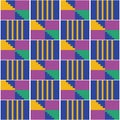 African geometric Kente cloth style vector seamless textile, fabrics pattern, tribal nwentoma design in yellow, purple and navy bl Royalty Free Stock Photo