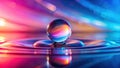 Abstract vibrant sphere resting on colorful liquid surface. Generative AI