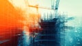 An abstract view of a busy construction site reveals cranes and scaffolding, blending digital network connections for a vision of Royalty Free Stock Photo