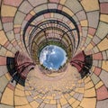 Abstract view of little planet transformation of spherical panorama 360 degrees. Spherical abstract aerial view on wooden bridge. Royalty Free Stock Photo