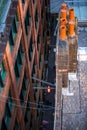An abstract view looking down on a narrow alleyway in Glasgow city centre, Scotland, United Kingdom