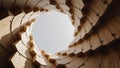 Abstract view looking up through a spiraling wooden parametric structure to the sky Royalty Free Stock Photo