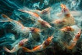 Abstract View of Orange Shrimp Swarming in Murky Blue Water with Smoky Effect, Underwater Sea Life Theme