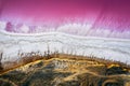 Abstract view of pink lake salt water from drone