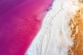 Abstract view of pink lake salt water from drone