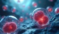 Abstract view of pluripotent stem cells in laboratory setting. Red clusters of cells float in transparent spheres, science Royalty Free Stock Photo