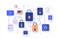 Abstract view showcasing a secure login authentication flow with multiple icons representing various security features in Royalty Free Stock Photo