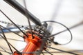Abstract view of spoked bicycle wheel and cassette gears Royalty Free Stock Photo