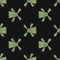 Abstract village seamless pattern with green windmill doodle shapes. Black background
