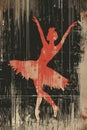 Abstract vintage distressed watercolour painting of a female ballerina dancer wearing a delicate ballet dress