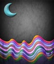 Abstract vintage illustration - scene with moon and color waves