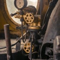 Abstract vintage industrial background featuring close up view of old steam locomotive controls Royalty Free Stock Photo