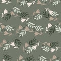 Abstract vintage seamless pattern with botanic flowers and leaf branches on grey background