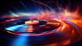 Abstract vinyl LP record spinning with colorful streaks of light, capturing the energy and rhythm of music in motion on the