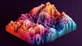 Abstract virtual isometric terrain with mountains. Slice of topographic ground with peaks.