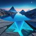 abstract virtual landscape with blue rocks and Surreal fantastic background with triangular