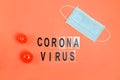 Abstract virus strain model of Coronavirus disease COVID-19 , face mask and text onred background