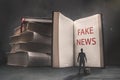 Abstract vision of a businessman standing in front of a huge book with fake news inscription