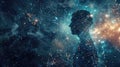 An abstract visual of a human silhouette filled with a galaxy of digital data points and interconnected networks