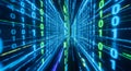 Abstract visualization of binary code data stream with glowing blue and green numbers flying through a digital tunnel representing Royalty Free Stock Photo