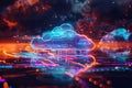 An abstract visualization of cloud computing with digital elements representing data processing and AI operations in the Royalty Free Stock Photo