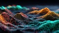 Abstract visualization of colorful digital sound waves or data points forming glowing mountain peaks in darkness Royalty Free Stock Photo