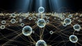 Abstract visualization of a complex interconnected digital network featuring glowing nodes and flowing golden data pathways Royalty Free Stock Photo