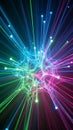 Abstract visualization of interconnected glowing neon lines in vibrant blue, green, and pink forming a complex network structure Royalty Free Stock Photo