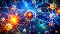 Abstract visualization of a complex neural network with bright, energetic connections and glowing cells Royalty Free Stock Photo