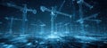 Futuristic Cyber Grid City with Data-Driven Construction Cranes in Blue Tones Royalty Free Stock Photo