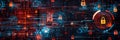 An abstract visualization of cybersecurity, featuring digital locks, shields, and network nodes protected by AI Royalty Free Stock Photo