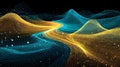 Abstract digital landscape with glowing yellow and blue data lines flow, Flowing neon waves glowing in futuristic digital art Royalty Free Stock Photo
