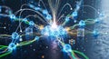Abstract visualization depicts a complex digital network structure with glowing nodes and data streams Royalty Free Stock Photo