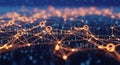 Abstract Network of Glowing Orange Nodes and Lines on a Deep Blue Digital Background Royalty Free Stock Photo