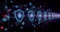 Abstract visualization of a digital security chain. Interconnected glowing shields with padlock icons form a robust firewall Royalty Free Stock Photo